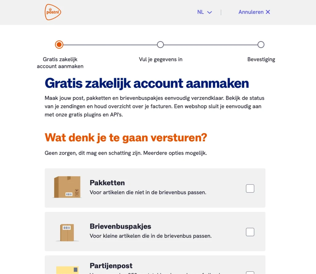 zakelijk account aan PostNL 