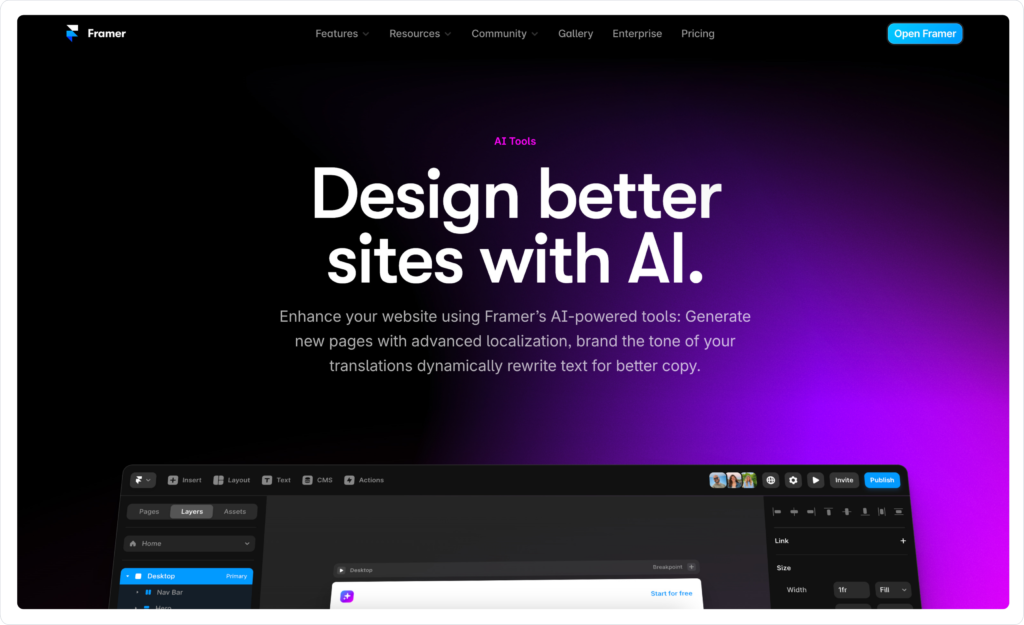 Voorbeeld AI website builder Framer