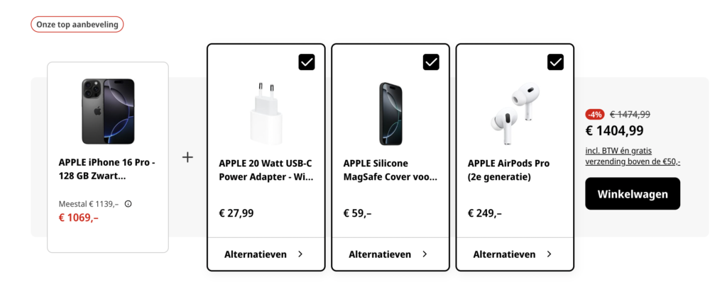Een productpagina met een iPhone als bundel: de telefoon plus een oplader, een hoesje en oordopjes, met de bundelprijs ernaast