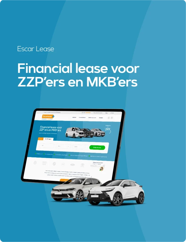 Escar Lease — Financial lease voor ZZP-ers en MKB-ers, de website op een tablet met twee auto-s ervoor