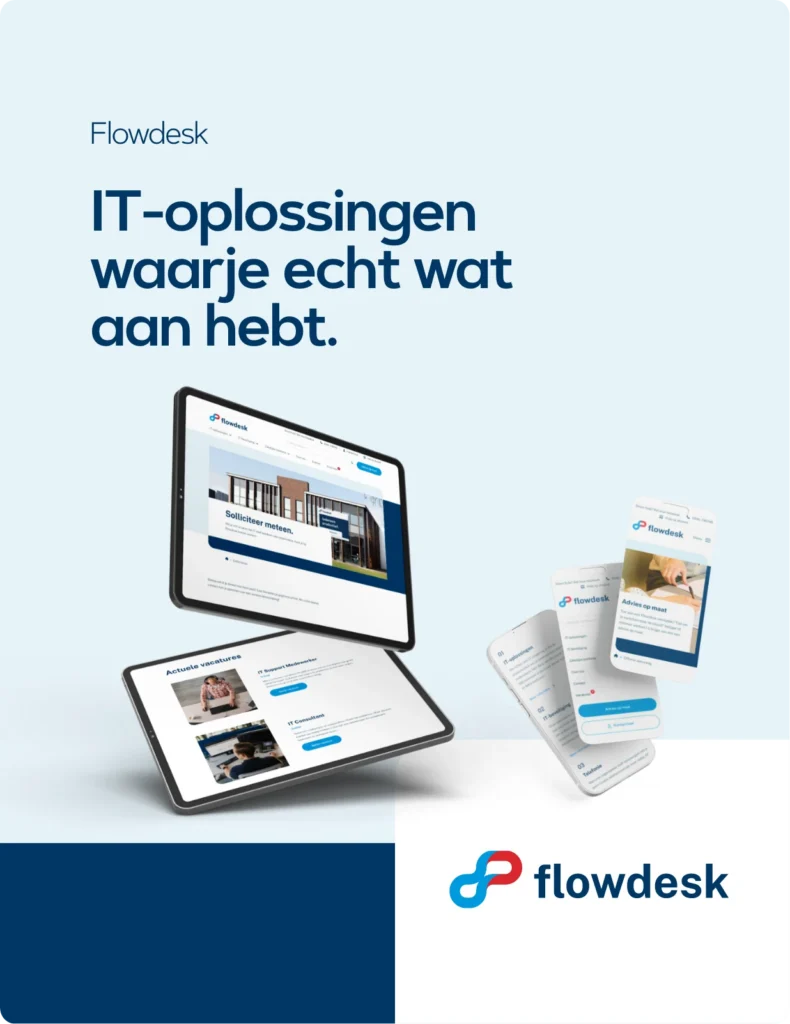 Flowdesk — IT-oplossingen waar je echt wat aan hebt, de website op een tablet en drie telefoons