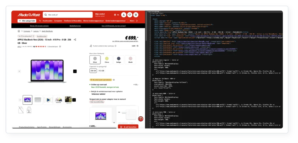 Een productpagina van MediaMarkt naast de broncode van diezelfde pagina