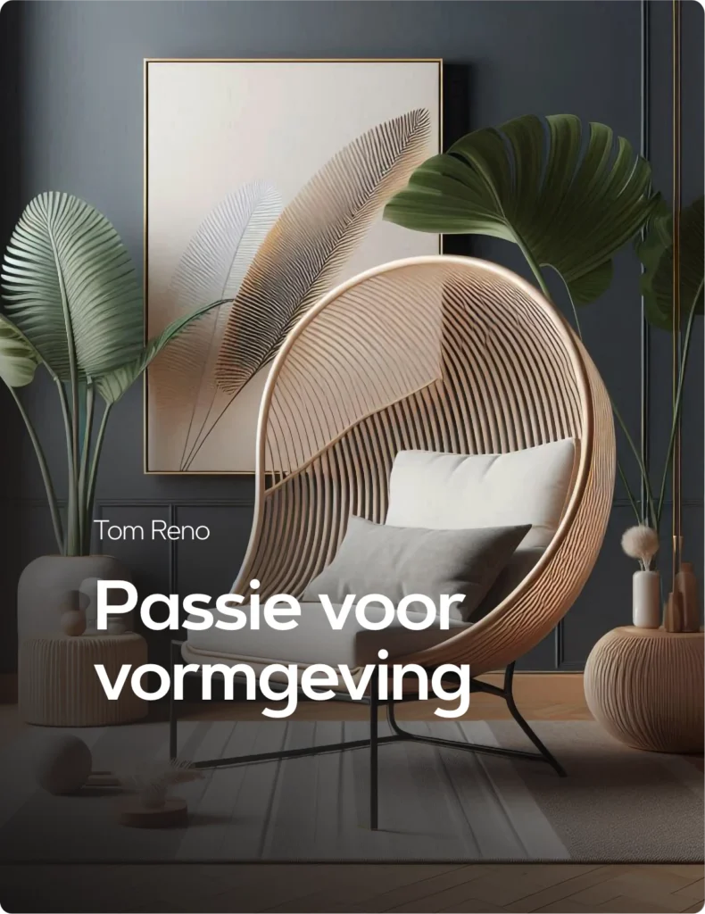 Tom Reno — Passie voor vormgeving, met een rieten hangstoel in een donkere woonkamer